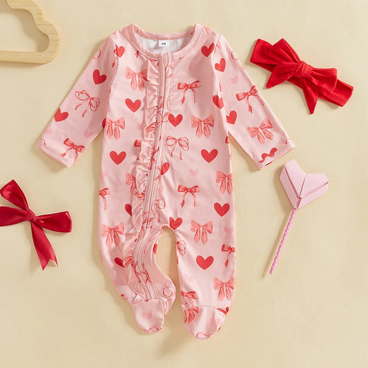 Baby Girls 2Pcs Valentine’s Day Outfit Long Sleeve Heart Bow Print Ruffle Jumpsuit Zipper Romper with Headband Set Valentines