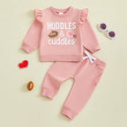 Baby Toddler Girls 2Pcs Fall Outfit Huddle & Cuddles Long Sleeve Bow Football Print Top + Pants Jogger Set Clothes