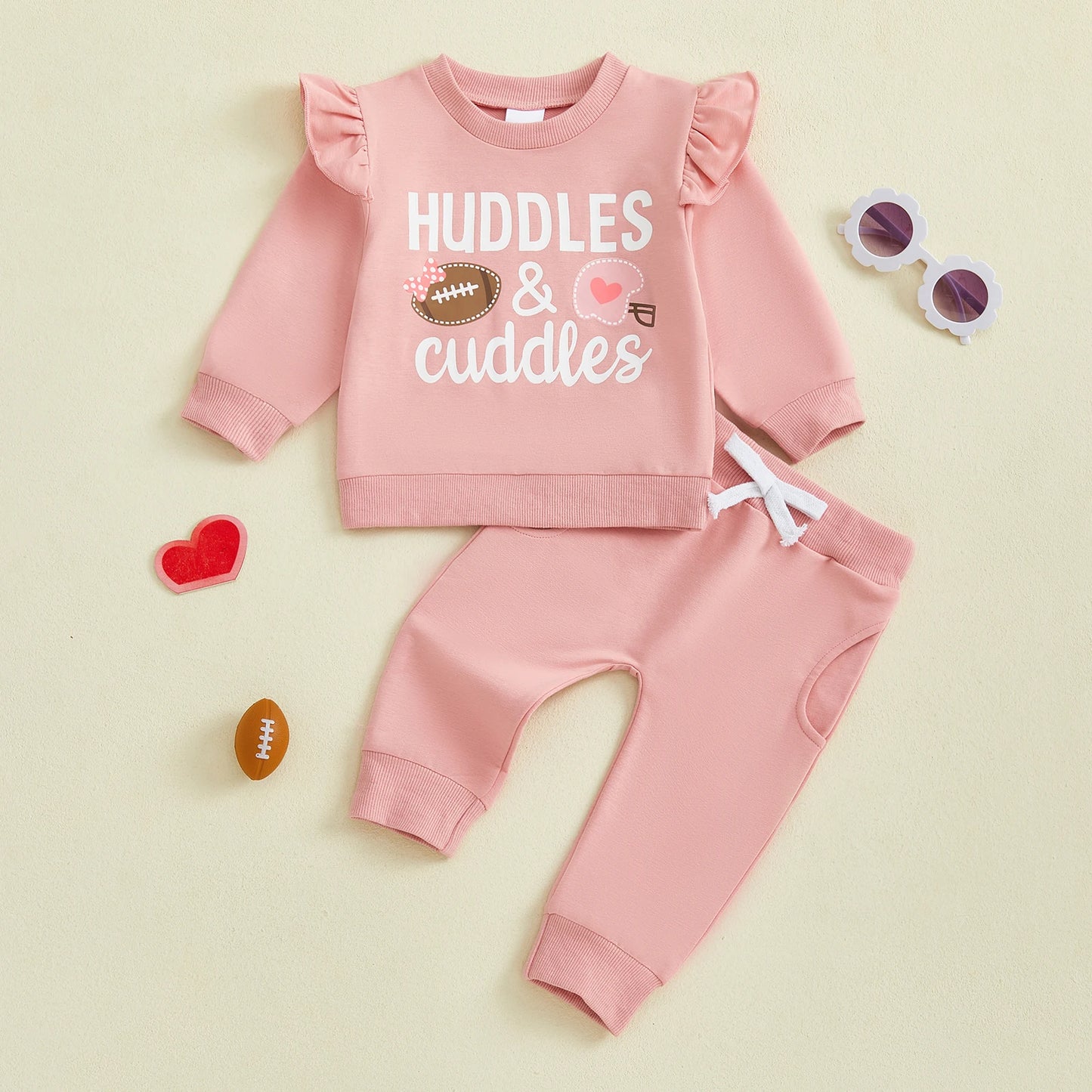 Baby Toddler Girls 2Pcs Fall Outfit Huddle & Cuddles Long Sleeve Bow Football Print Top + Pants Jogger Set Clothes