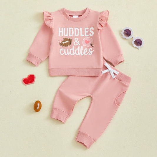 Baby Toddler Girls 2Pcs Fall Outfit Huddle & Cuddles Long Sleeve Bow Football Print Top + Pants Jogger Set Clothes