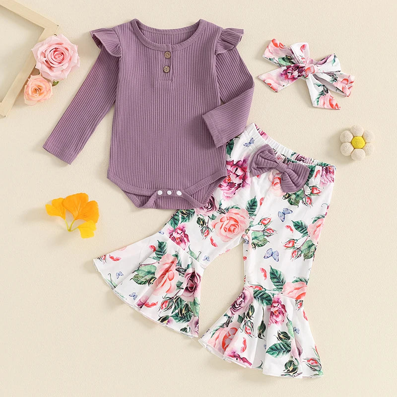 Baby Girls 3Pcs Fall Outfit Ribbed Long Sleeve Romper and Elastic Floral Print Flared Pants Headband Set