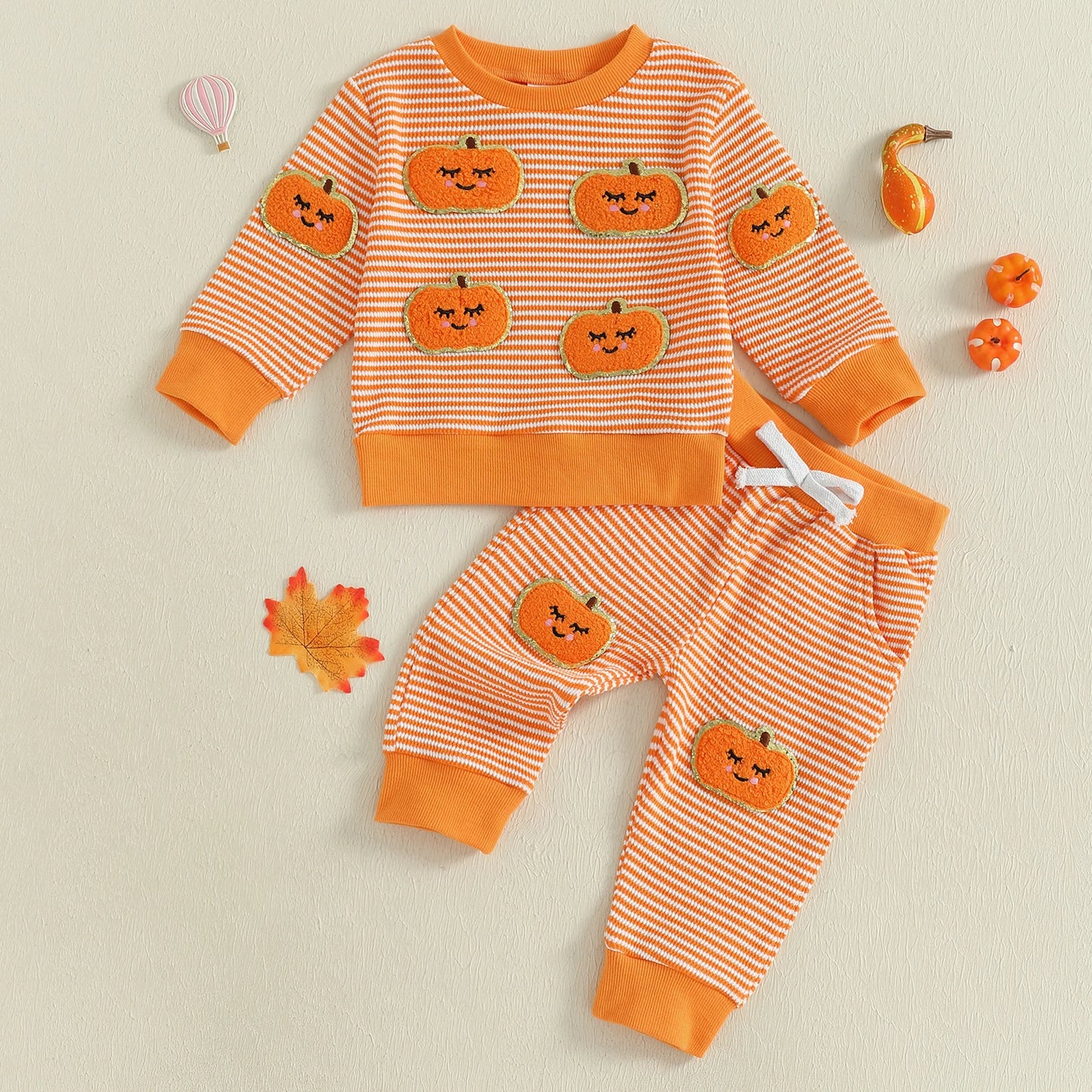 Baby Toddler Boys Girls 2Pcs Halloween Outfit Ghost Pumpkin Pattern Striped O-Neck Long Sleeve Top with Pants Jogger Set