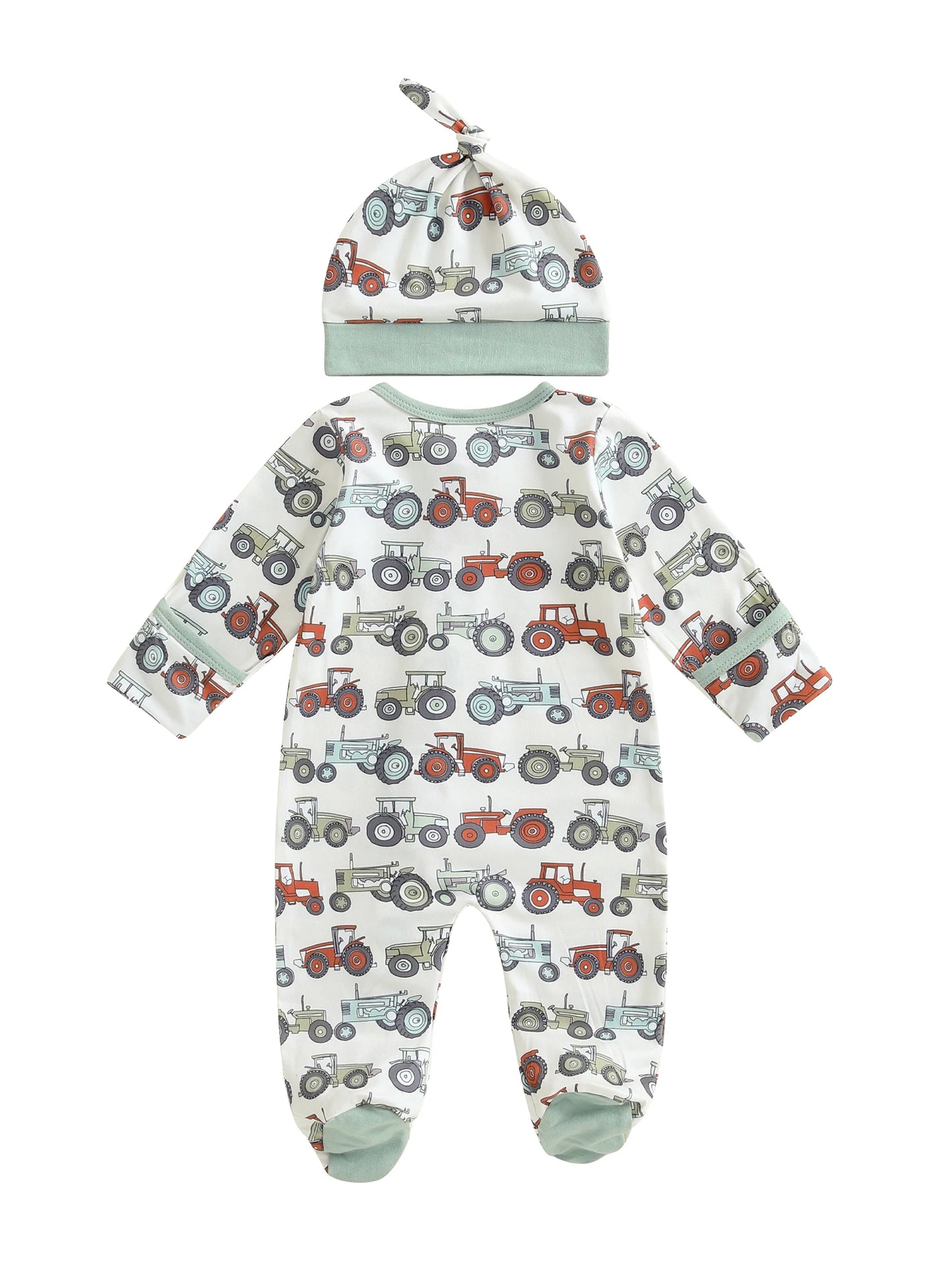 Baby Boys 2Pcs Fall Footed Romper Cute Tractor Pattern Round Neck Long Sleeve Zipper Jumpsuit with Hat Set