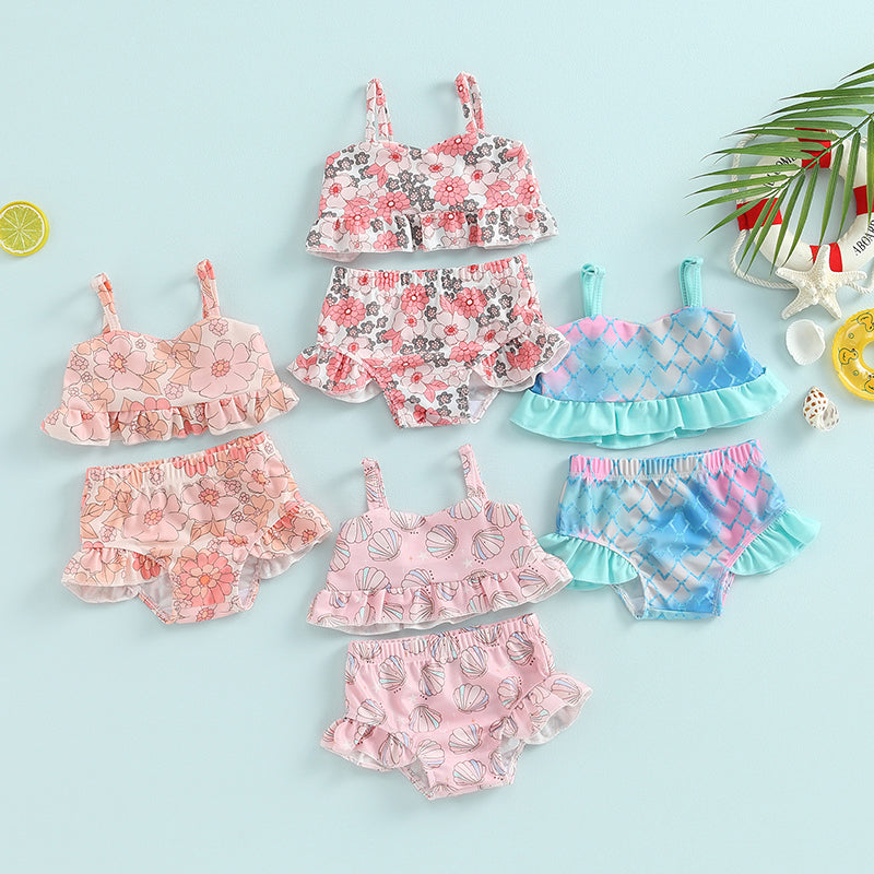 Baby Toddler Girls 2Pcs Bikini Sets Scale/Shell/Floral Print Sleeveless Tank Top and Bottoms Bathing Suit Set