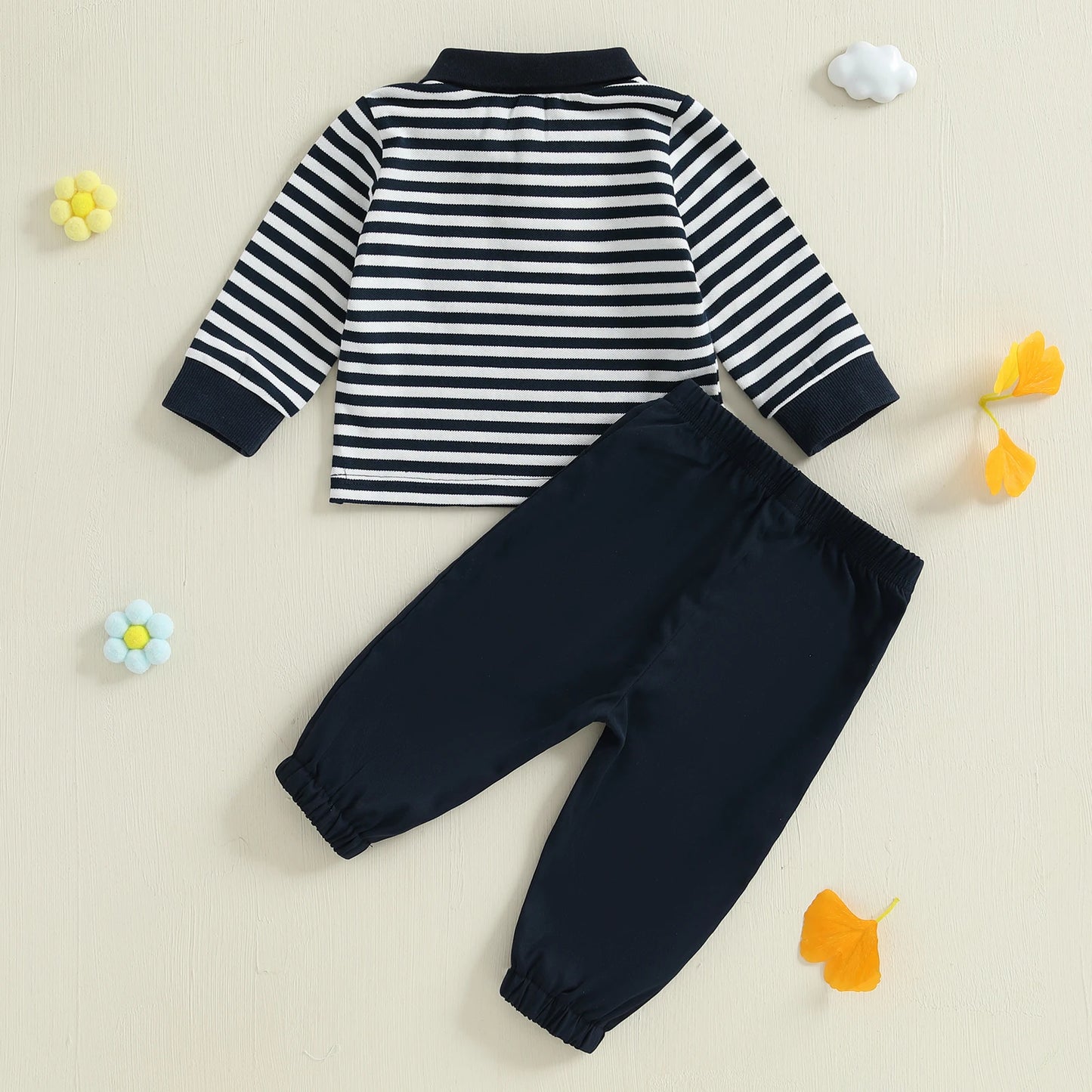 Baby Toddler Boys 2Pcs Fall Long Sleeve Lapel Bear Embroidery Striped Top Pants Sets