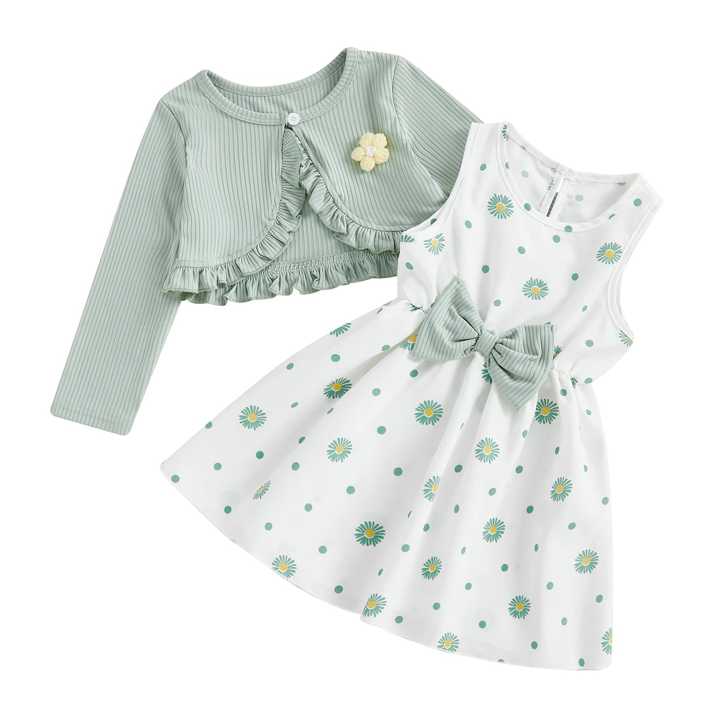 Toddler Kids Girl 2Pcs Spring Outfit Flower Long Sleeve Ruffle Cardigan and Sleeveless A-line Dress 2 Piece Set