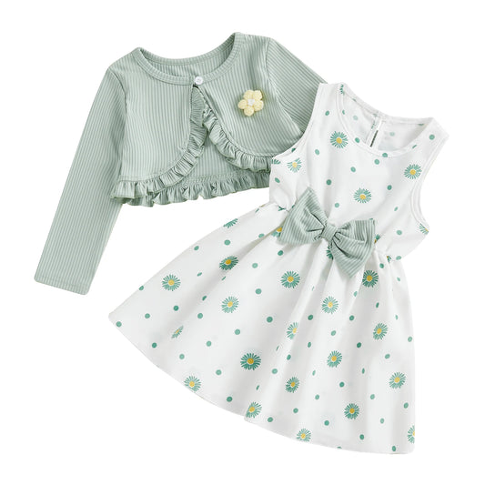 Toddler Kids Girl 2Pcs Spring Outfit Flower Long Sleeve Ruffle Cardigan and Sleeveless A-line Dress 2 Piece Set