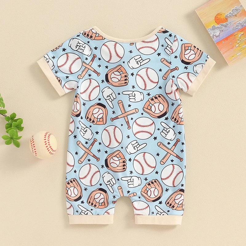 Baby Boys Girls Short Sleeve Baseball Glove Bat Print Zip Up Rompers Jumpsuits