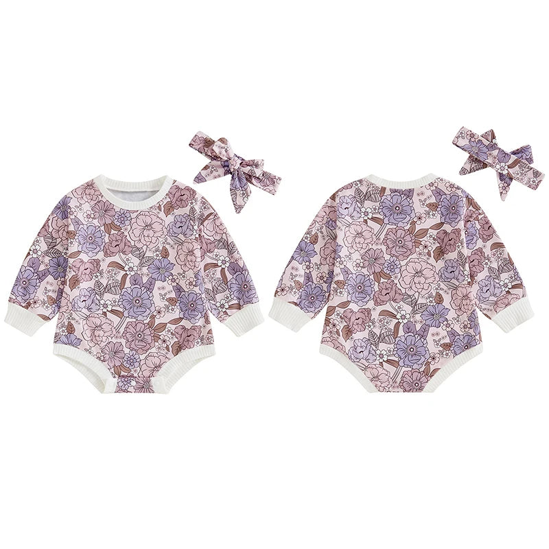 Baby Girls 2Pcs Autumn Casual Romper Long Sleeve O Neck Flower Print Romper with Headband Set