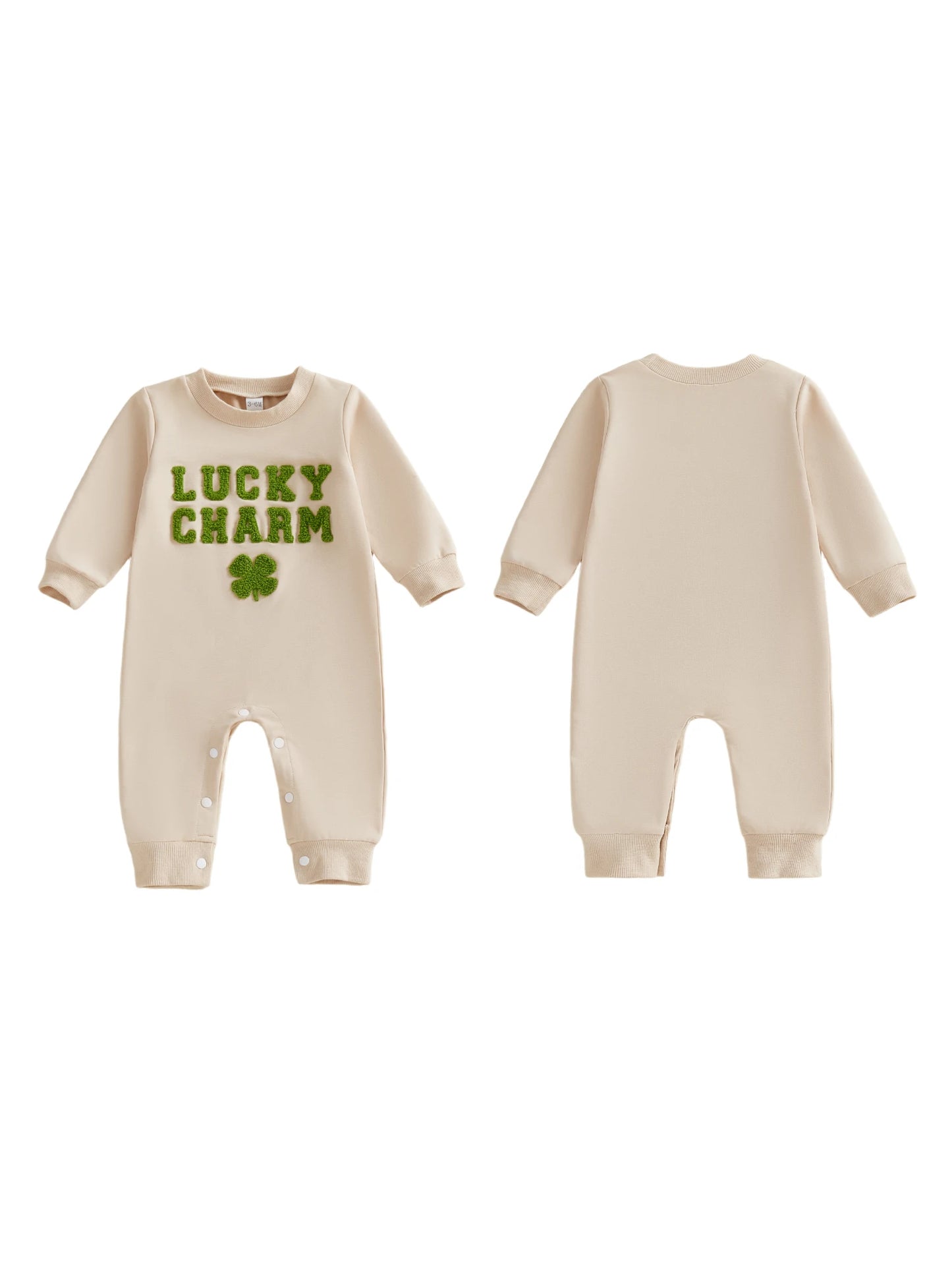 Baby Boys Girls Lucky Charm Irish Romper Fashionable Letters Shamrock Embroidery Crew Neck Long Sleeve St. Patrick's Day Jumpsuit