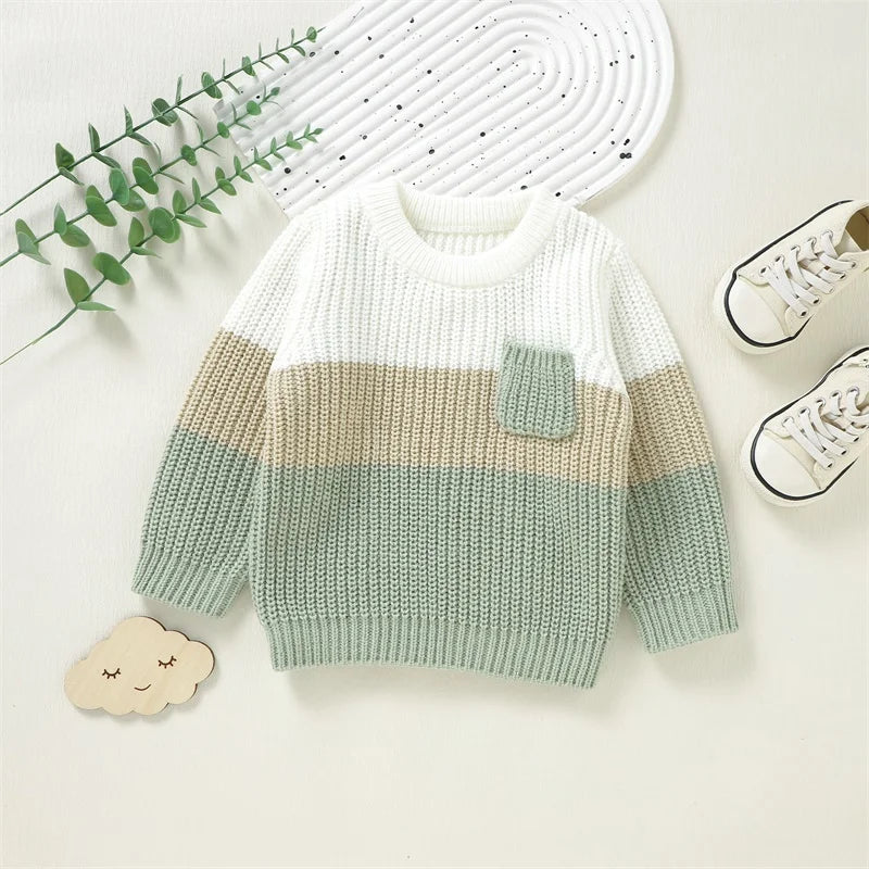 Baby Toddler Boys Girls Knit Sweater Contrast Color Pocket Crewneck Pullover Long Sleeve Top