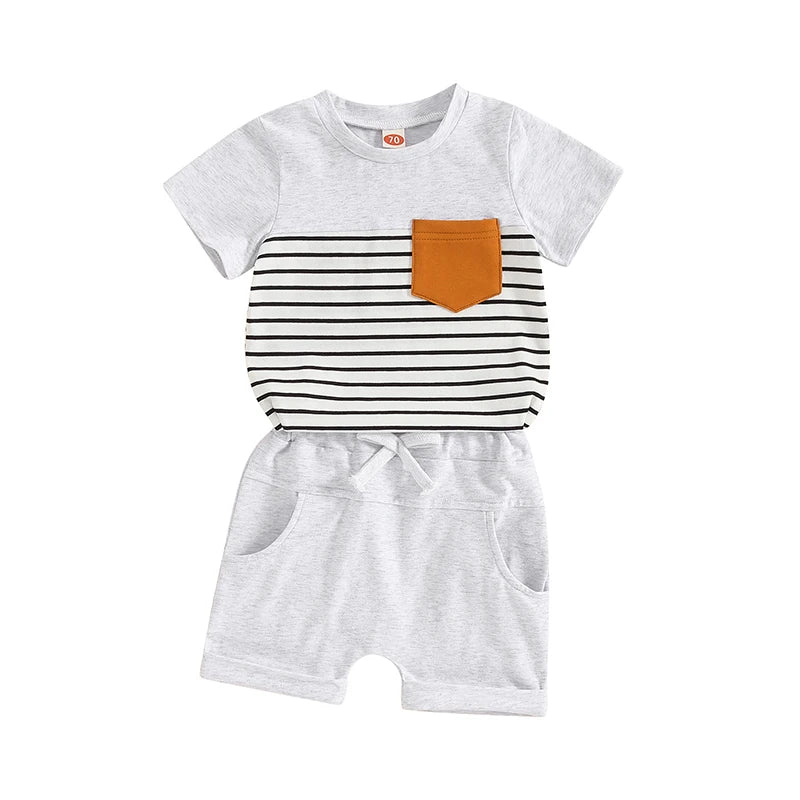 Toddler Baby Boy 2Pcs Summer Outfit Stripe Print Short Sleeve Pocket Top with Solid Color Shorts Set