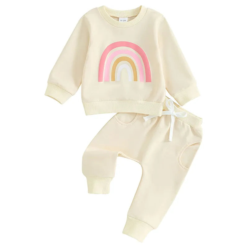 Baby Toddler Girls Boys 2Pcs Long Sleeve Rainbow Print Top & Long Pants Set Outfits