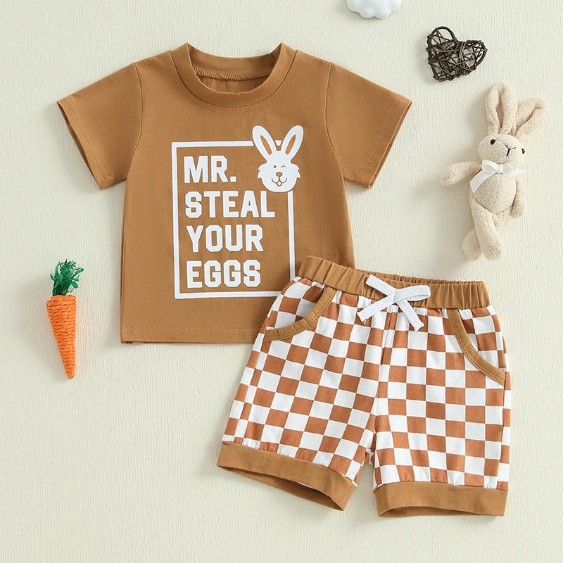 Baby Toddler Boys 2Pcs Mr. Steal Your Eggs Easter Outfit Letter Bunny Rabbit Short Sleeve T-Shirt Top Checkered Shorts Spring Set