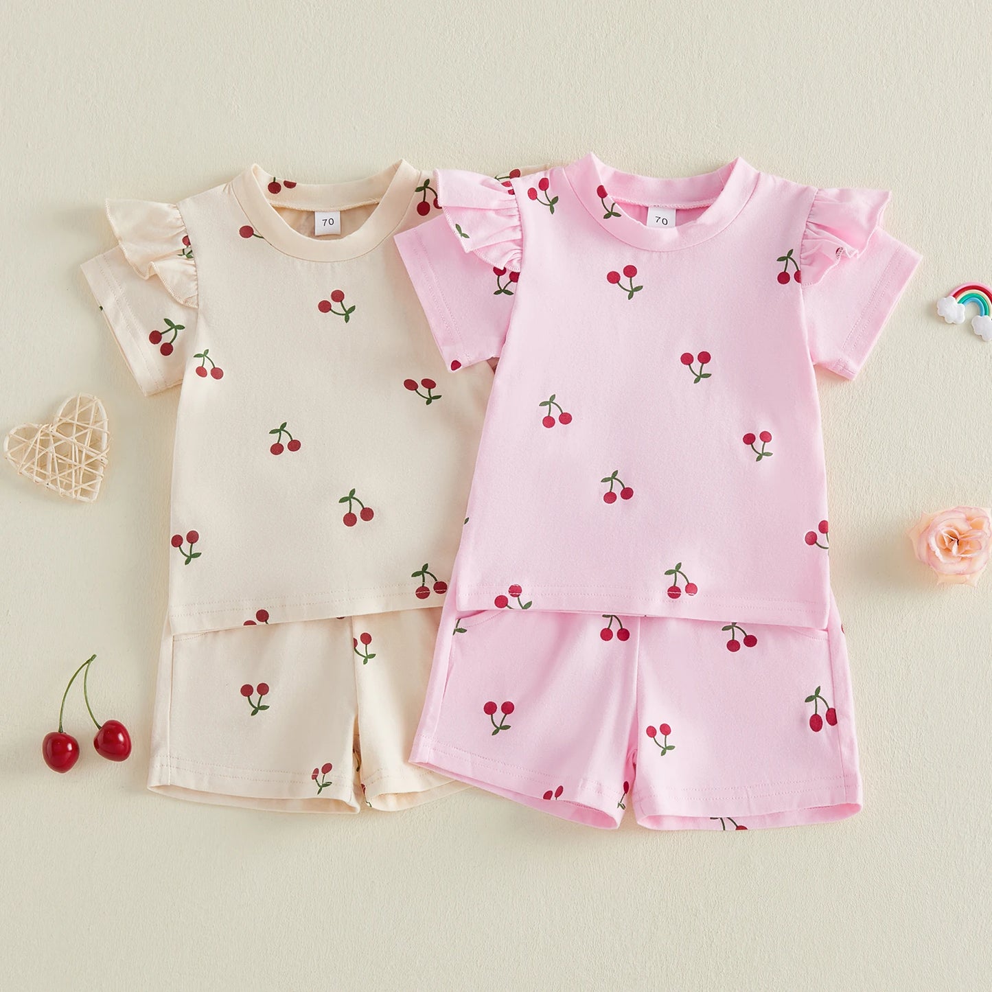 Baby Toddler Girls 2Pcs Summer Outfit Cherry Print Crew Neck Short Sleeve Top Elastic Waist Shorts Clothes Set