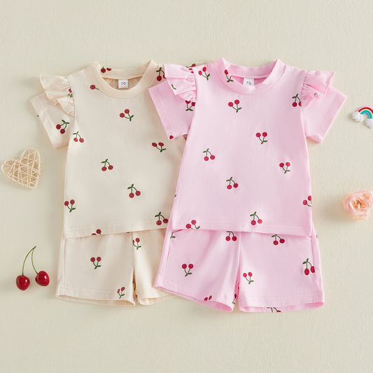 Baby Toddler Girls 2Pcs Summer Outfit Cherry Print Crew Neck Short Sleeve Top Elastic Waist Shorts Clothes Set