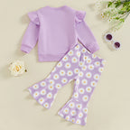 Toddler Kids Girls 2Pcs Fall Outfit Flying Sleeve Solid Color Pullover Top with Flower Floral Flared Pants Set