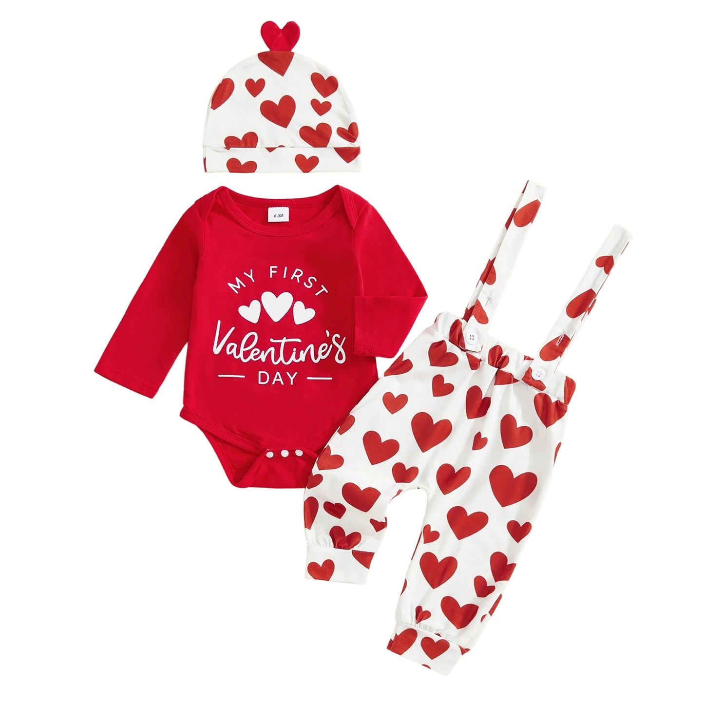 Baby Boys Girls 3Pcs My First Valentine's Day Outfit Heart Long Sleeve Romper Suspender Pants and Hat 3 Piece Set