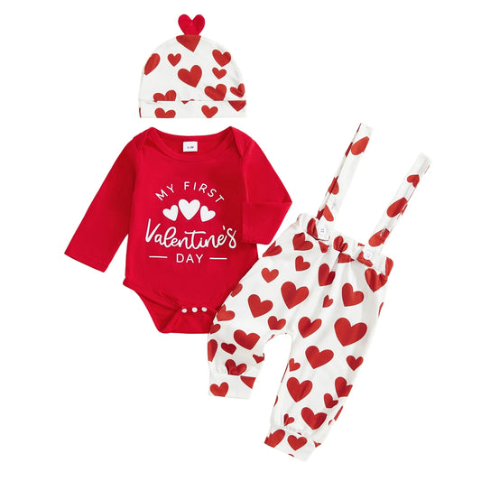 Baby Boys Girls 3Pcs My First Valentine's Day Outfit Heart Long Sleeve Romper Suspender Pants and Hat 3 Piece Set