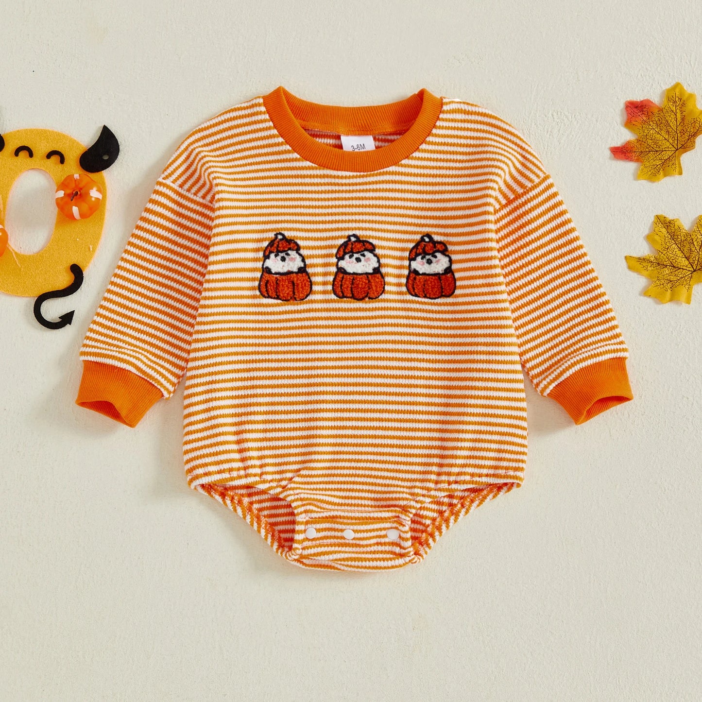Baby Girls Boys Halloween Striped Romper Pumpkin/Ghost Embroidery Long Sleeve Jumpsuit