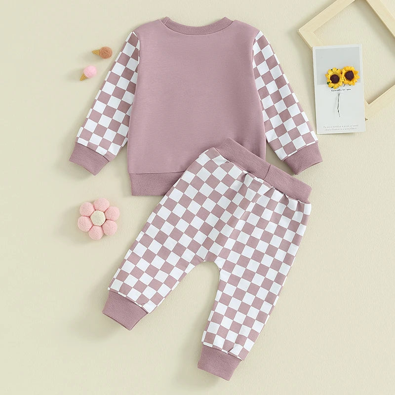 Toddler Baby Girl 2Pcs Daddy‘s Girl Letters Print Checkered Pattern Long Sleeve Crewneck Top Jogger Pants Set Outfit