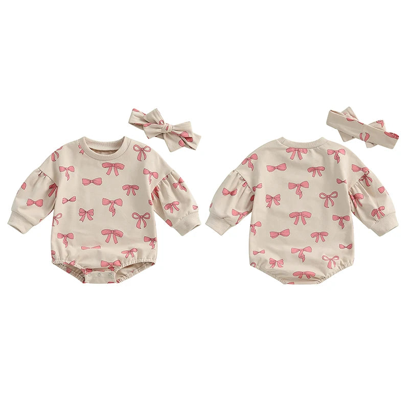 Baby Girl 2Pcs Fall Outfit Bow Print Crew Neck Long Sleeve Bubble Romper Tie-up Headband Set