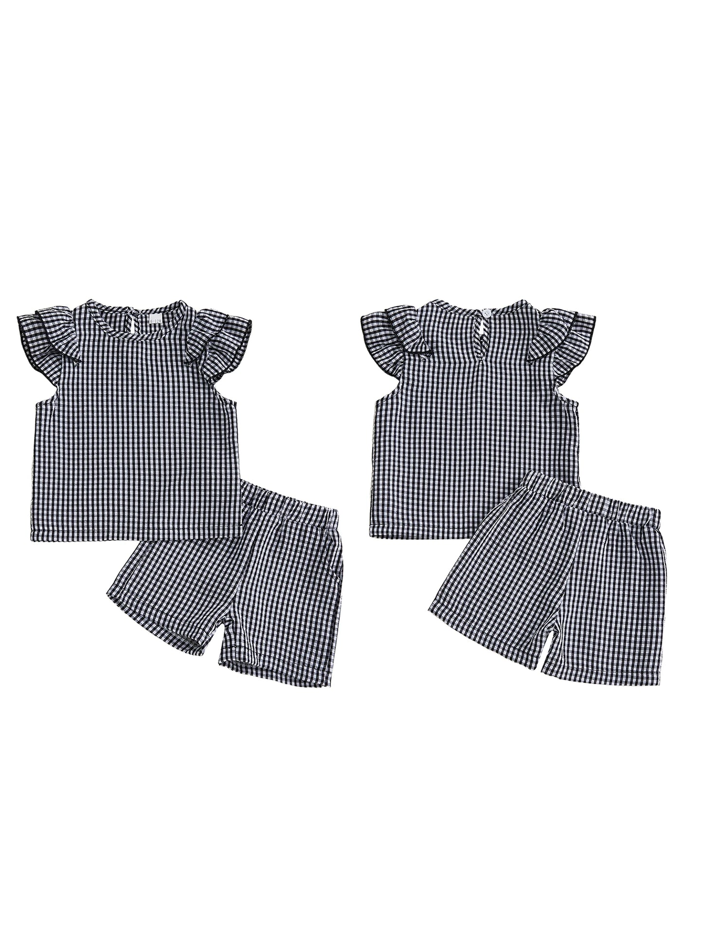 Baby Toddler Girls 2Pcs Plaid Outfit Fashionable Cute Flying Sleeve Top with Shorts Clothing Set