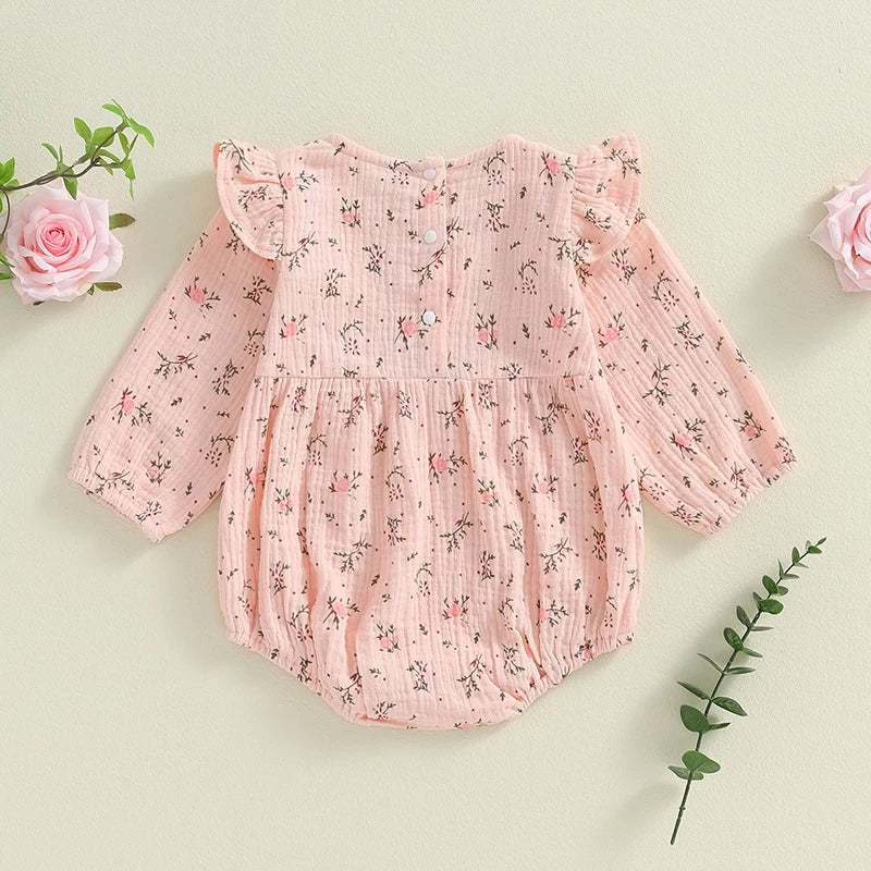 Baby Girls Autumn Romper Poof Sleeve O Neck Floral Flowers Print Frilly Romper