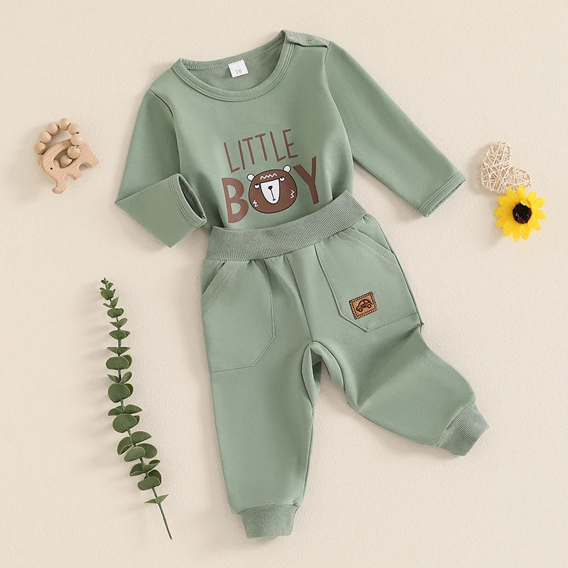 Baby Toddler Boys 2Pcs Little Boy Letter Print Long Sleeve Round Neck Top Pockets Long Pants Outfit Set