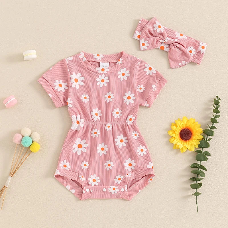 Baby Girls 2Pcs Romper Short Sleeve O Neck Flower Daisy Print Floral Jumpsuit with Headband Set