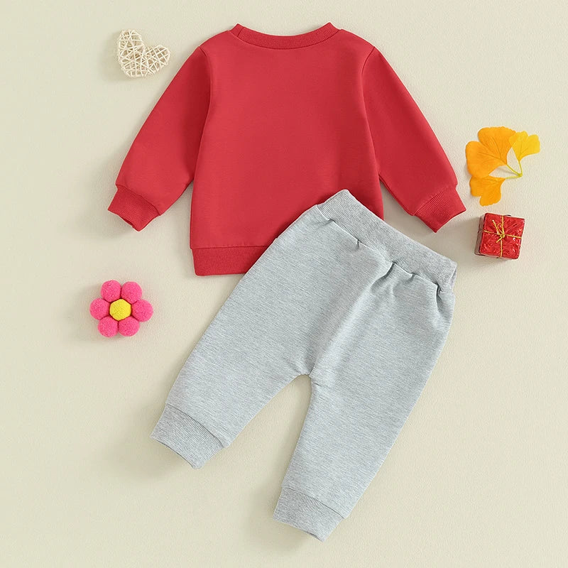 Toddler Baby Boys Girls 2Pcs Valentine's Day Outfits Letter Fuzzy LOVE YOU heart Embroidered Long Sleeve Top With Pants Set