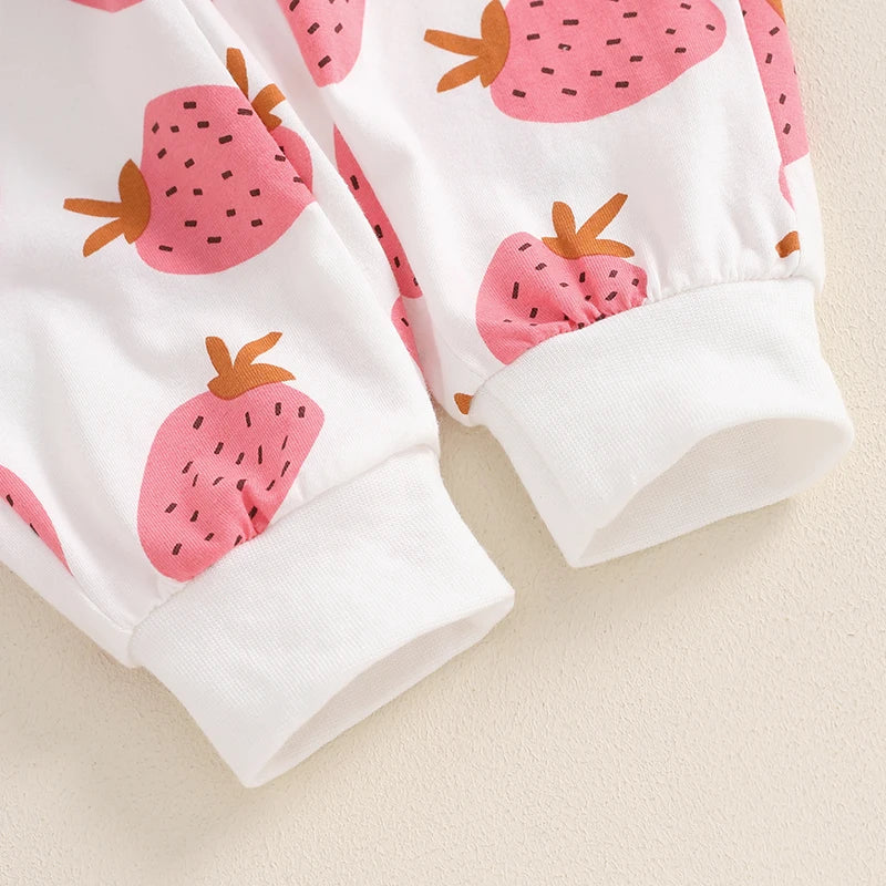 Baby Toddler Girls 2Pcs Fall Outfit Strawberry Print Long Sleeve Top and Elastic Pants Set