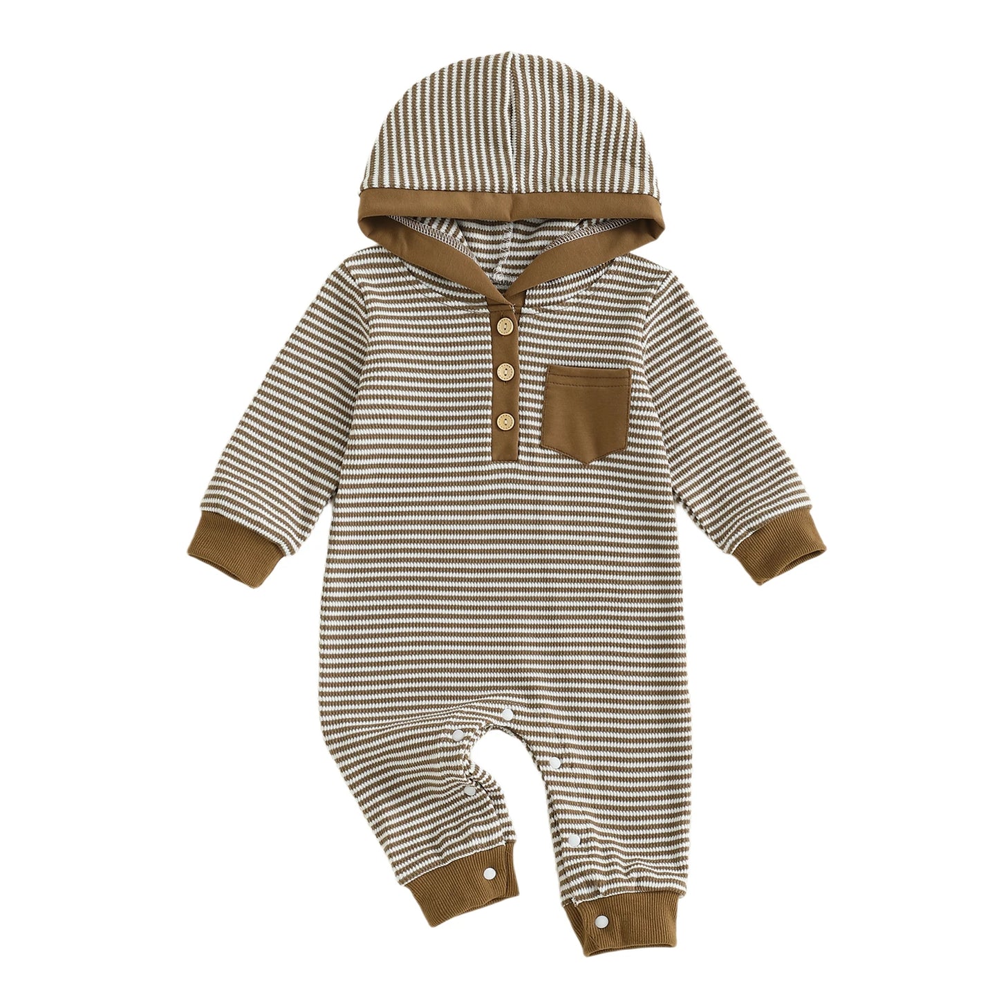 Baby Boy Striped Fall Romper Half Button-up Long Sleeve Hooded Jumpsuit Cute Waffle Clothes