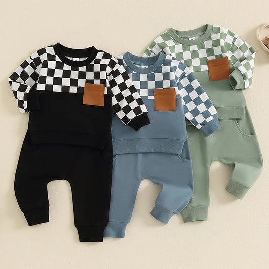 Baby Toddler Boys 2Pcs Fall Clothes Checkerboard Print Long Sleeve Pocket Top with Solid Color Long Pants Outfit Set