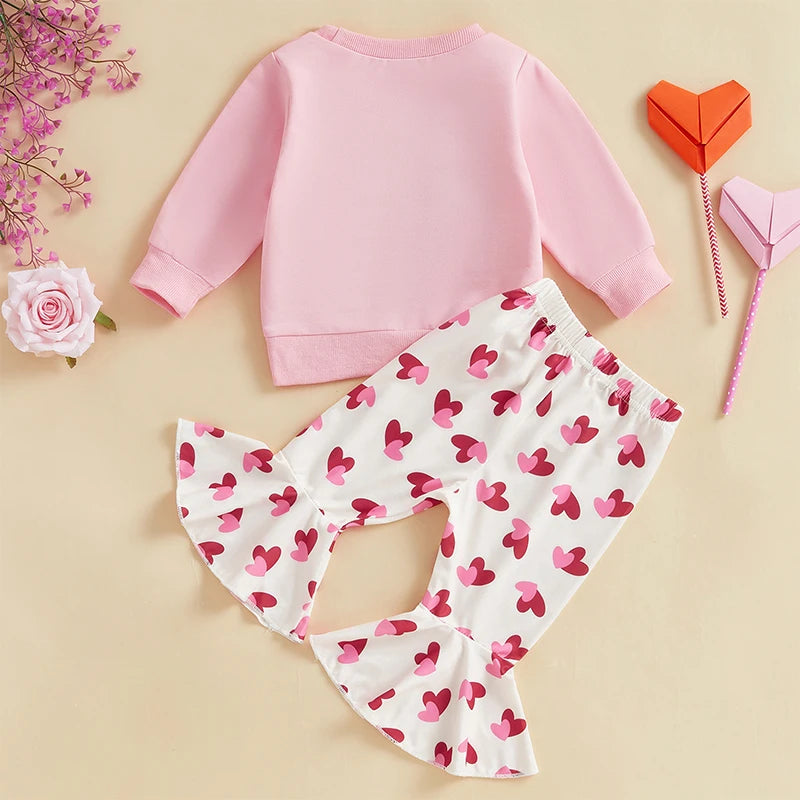 Baby Toddler Girls 2Pcs Valentine's Day Set XOXO Heart Letter Embroidered Long Sleeve Crewneck Top Heart Print Flare Pants Outfit