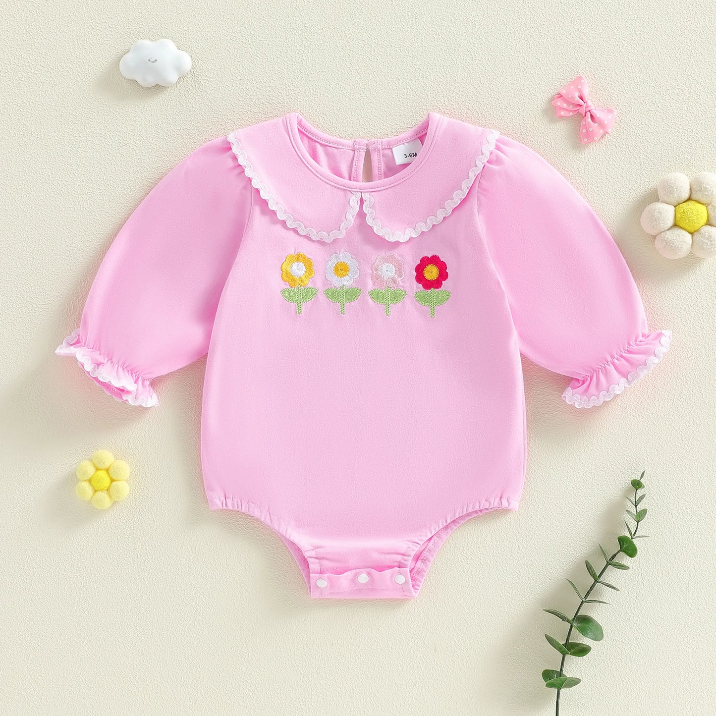 Baby Girls Spring Romper Fashionable Strawberry Flower Embroidery Long Sleeve Ruffled Doll Collar Jumpsuit