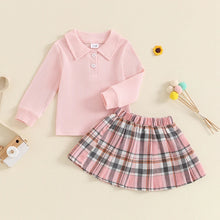 Load image into Gallery viewer, Toddler Kids Girls 2Pcs Long Sleeve Collared Shirt Top with Pleated Mini Plaid Skirt Fall Outfit Set
