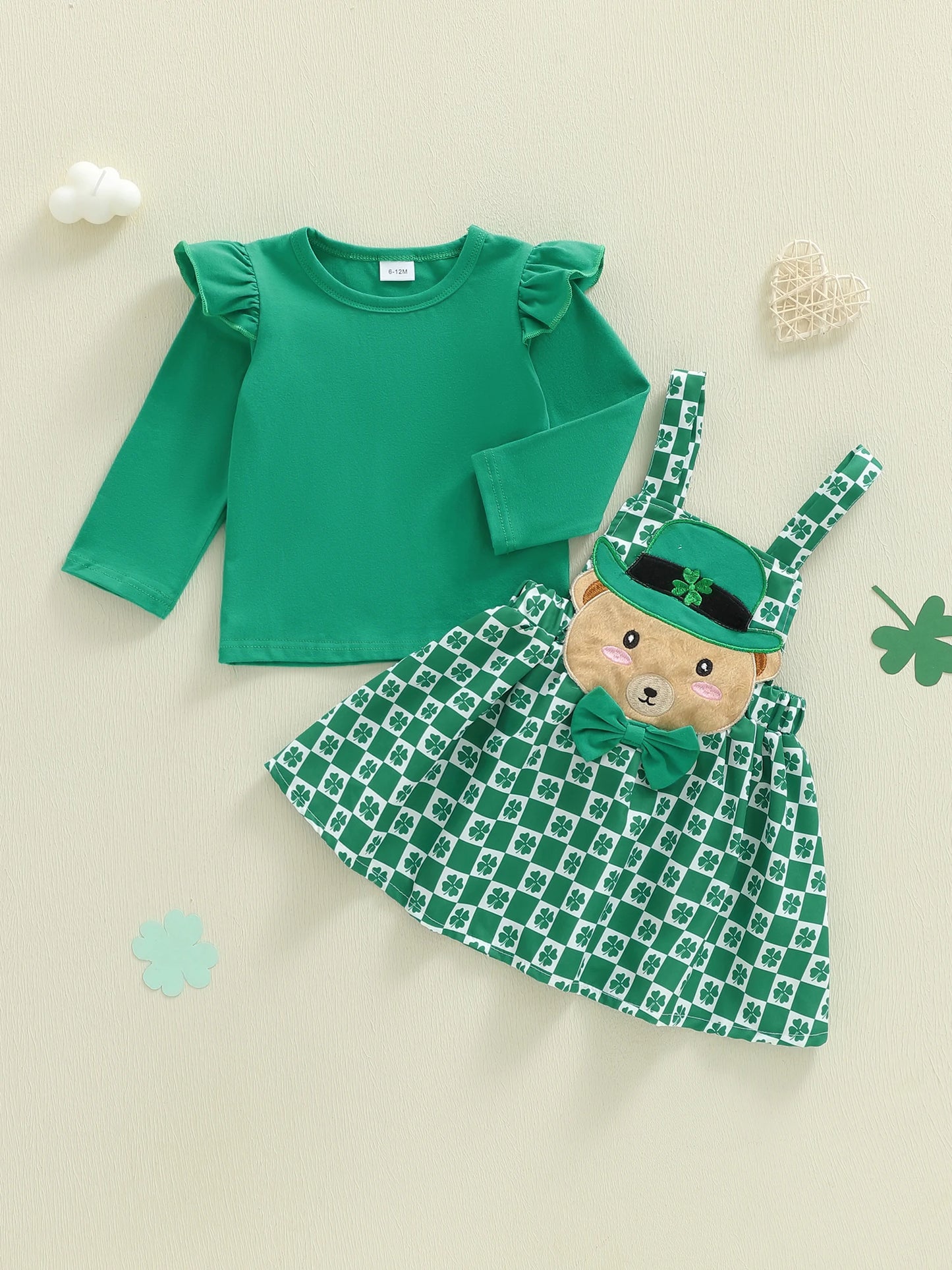 Baby Toddler Girls 2Pcs St. Patrick's Day Outfits Solid Color Long Sleeve Top Shamrock Embroidery Plaid Suspender Overalls Skirt Dress Two Piece Set