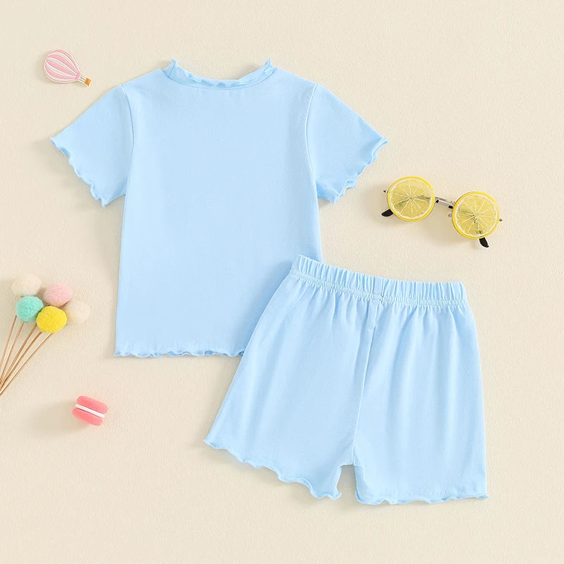 Baby Toddler Kids Girls 2Pcs Short Sleeve Crew Neck Ruffle Sleeve Top with Elastic Waist Shorts Outfit Set