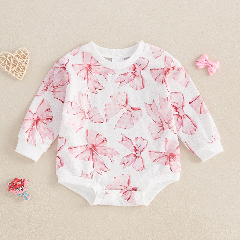 Baby Girls Valentine's Day Romper Long Sleeve O Neck Bow Print Bubble Romper