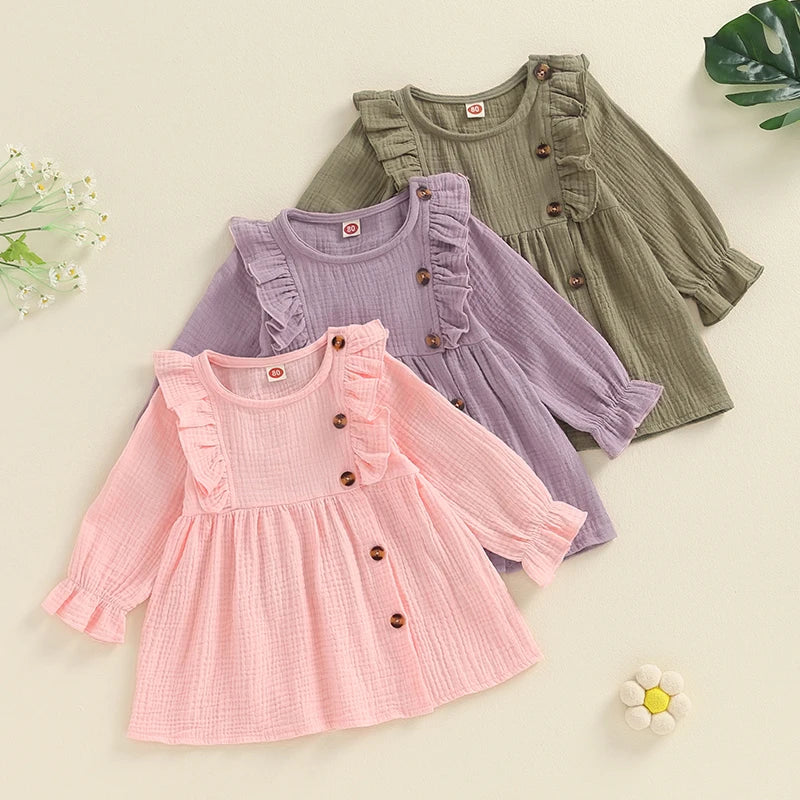 Baby Toddler Girls Autumn A-line Princess Poof Long Sleeve Crewneck Solid Color Button Dress