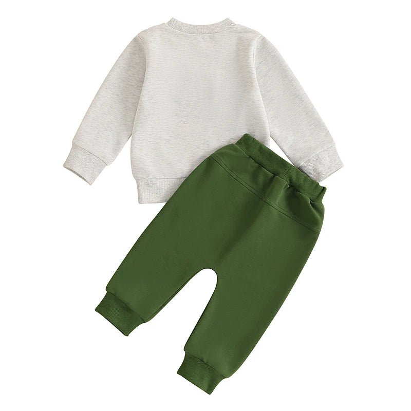 Baby Toddler Girl Boy 2Pcs Lucky St. Patrick's Day Spring Outfit Letter Shamrock Four Leaf Clover Embroidery Long Sleeve Crewneck Top with Elastic Waist Solid Pants Jogger Set