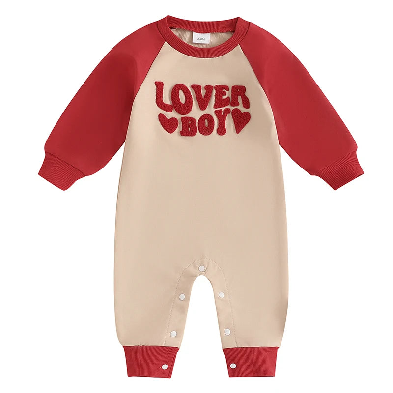 Baby Boys Lover Boy Valentine's Day Romper Heart Letter Embroidery Long Sleeve Crew Neck Raglan Valentines Jumpsuit