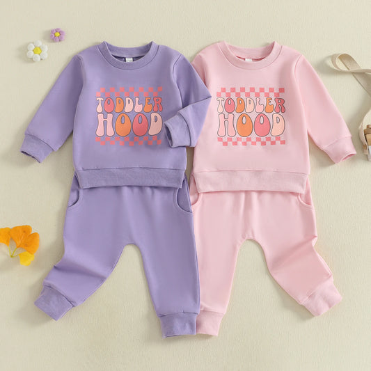 Baby Toddler Girls 2Pcs Toddler Hood Outfit Letters Print Long Sleeve Crew Neck Top with Elastic Waist Pants Fall Clothes Jogger Set