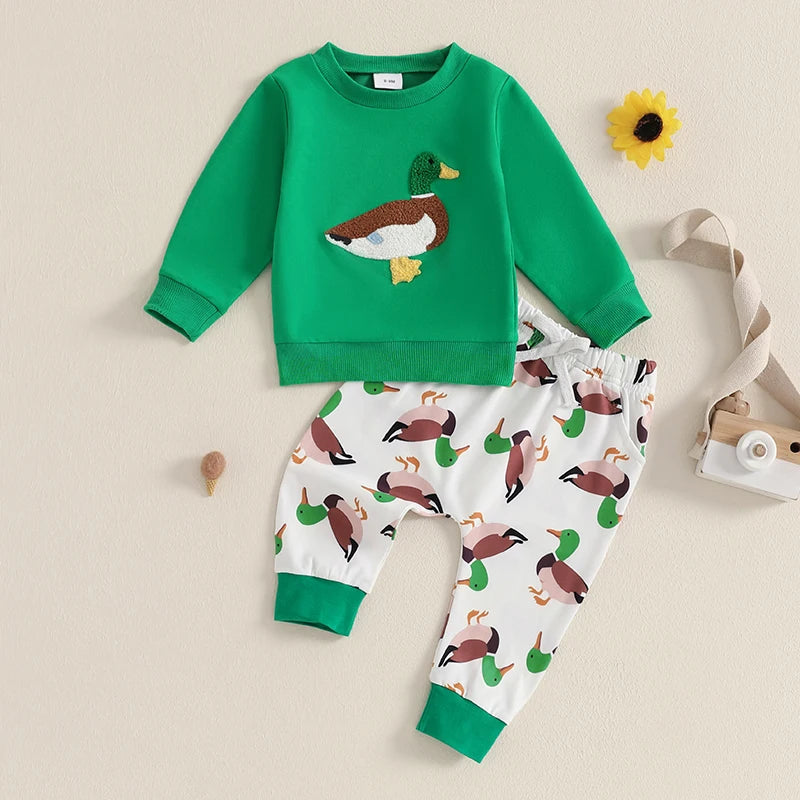 Baby Toddler Boys 2Pcs Autumn Spring Outfit Jogger Set Long Sleeve O Neck Top Duck Print Drawstring Pants