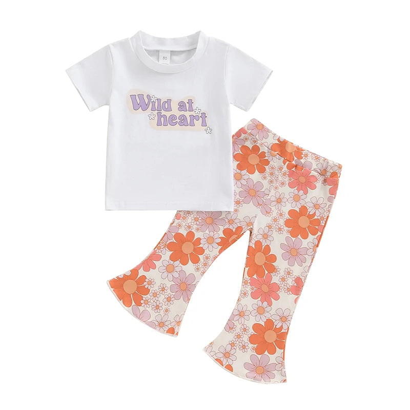 Baby Toddler Girls 2Pcs Wild At Heart Summer Outfit Letter Print Round Neck Short Sleeve Top with Elastic Waist Flower Print Flare Pants Set