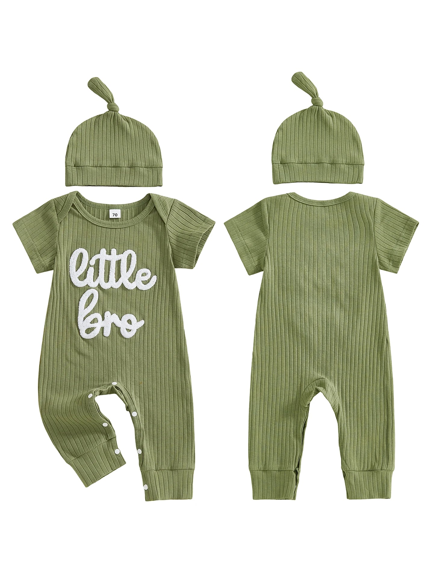 Baby Boy 2Pcs Little Bro Short Sleeve Romper Ribbed Letter Embroidery Round Neck Infant Jumpsuit with Hat Set