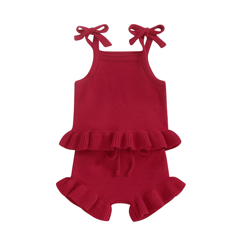 Baby Girl 2Pcs Outfits Knit Solid Color Sleeveless Cami Tank Top Tie with Elastic Waist Shorts Outfit Set