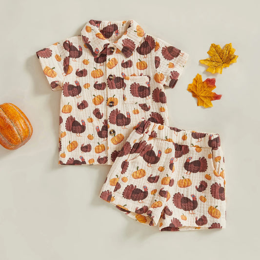 Baby Toddler Boys 2Pcs Thanksgiving Day Short Sleeve Lapel Button Up Turkey Pumpkin Print Top and Shorts Sets