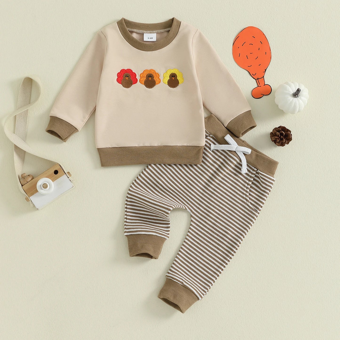 Baby Toddler Boys 2Pcs Jogger Set Long Sleeve Crew Neck Embroidery Gobble Turkey Top with Striped Pants Thanksgiving Clothes
